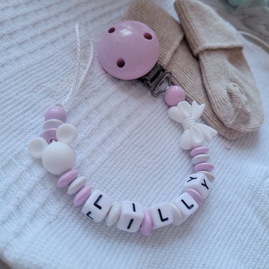 Schnullerkette mit Namen für Mädchen Maus & Schleife rosa weiß
