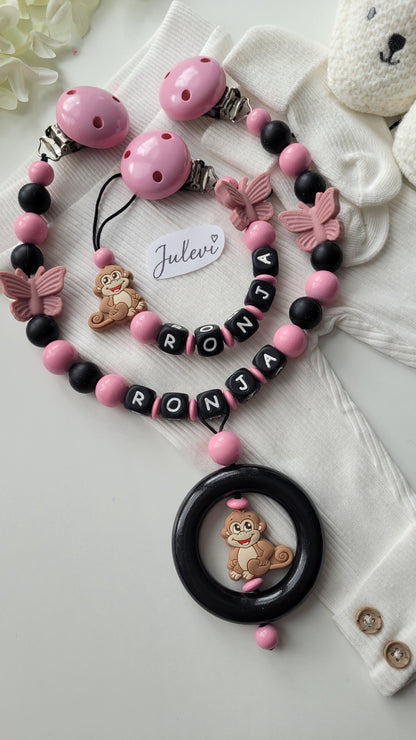 Kinderwagenkette & Schnullerkette Set mit Namen Affe Schmetterling schwarz blush Silikon Holz | personalisiert