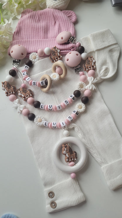 3er Set Kinderwagenkette, Schnullerkette & Greifring mit Namen – Pferd Silikon braun rosa