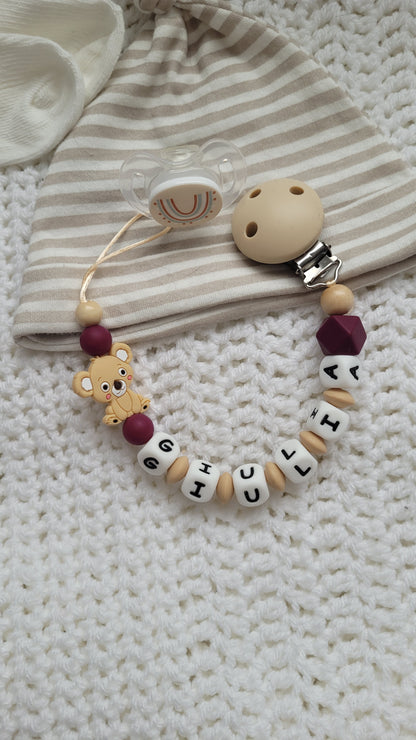 Schnullerkette mit Namen für Mädchen koala weinrot beige
