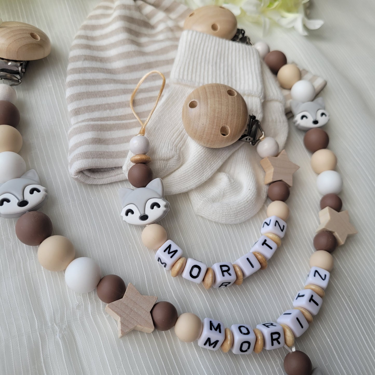 Kinderwagenkette & Schnullerkette Set Baby Fuchs für Jungen dunkelbraun beige weiss holz