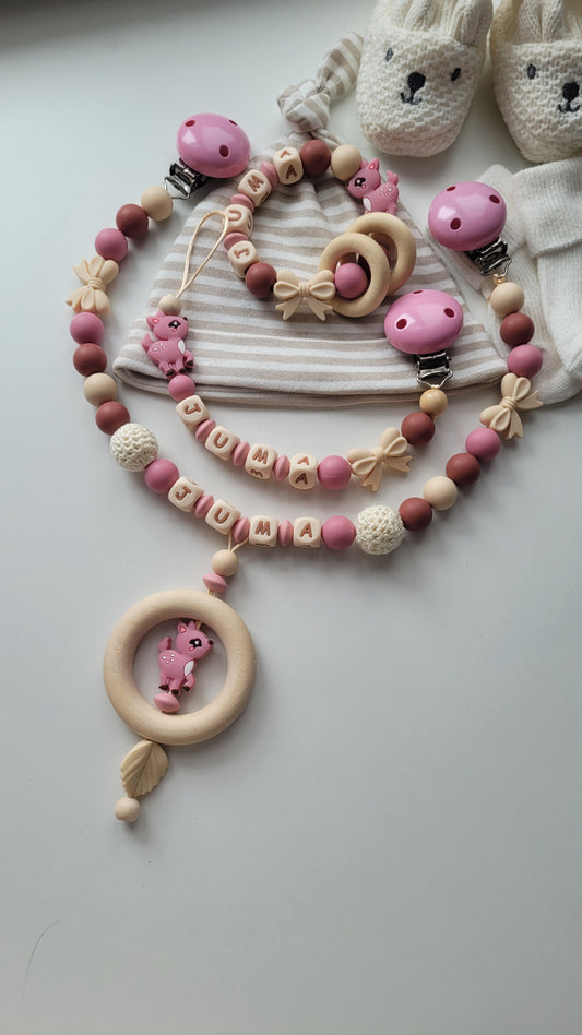 3er Set Kinderwagenkette  Schnullerkette Greifring mit Namen für Mädchen Rehe rosenholz beige braun