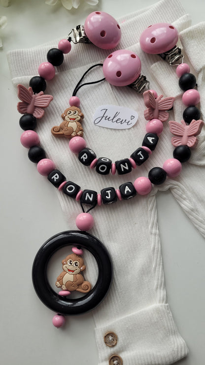 Kinderwagenkette & Schnullerkette Set mit Namen Affe Schmetterling schwarz blush Silikon Holz | personalisiert