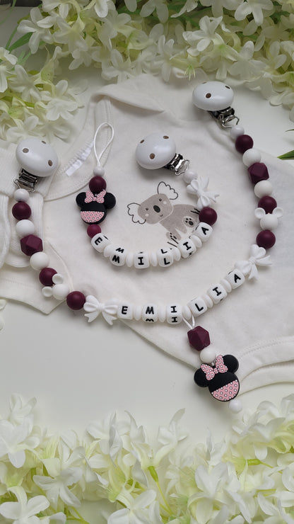 4 tlg Set Mädchentraum! Minnie Maus bordaux Schnullerkette Kinderwagenkette Greifring & Schlüsselanhänger personalisiert