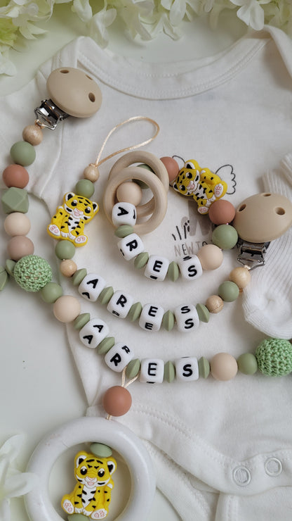 3tlg Set Schnullerkette Kinderwagenkette Greifling *Tiger* beige grün