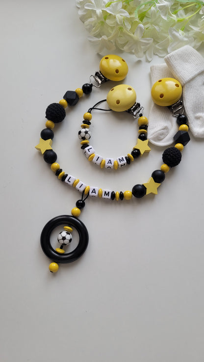 Kinderwagenkette & Schnullerkette  Fussball schwarz gelb