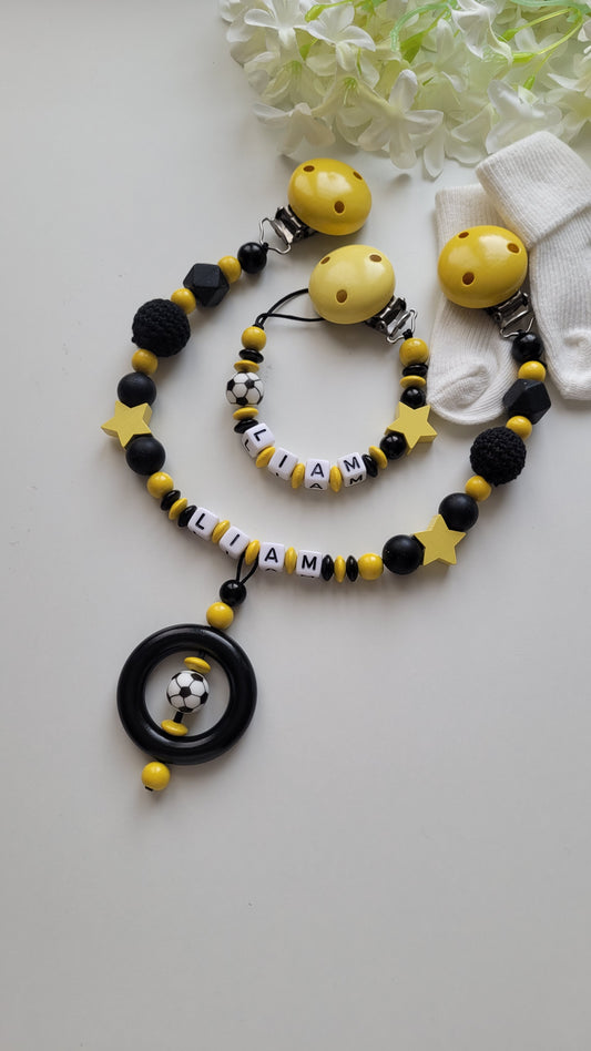 Kinderwagenkette & Schnullerkette  Fussball schwarz gelb