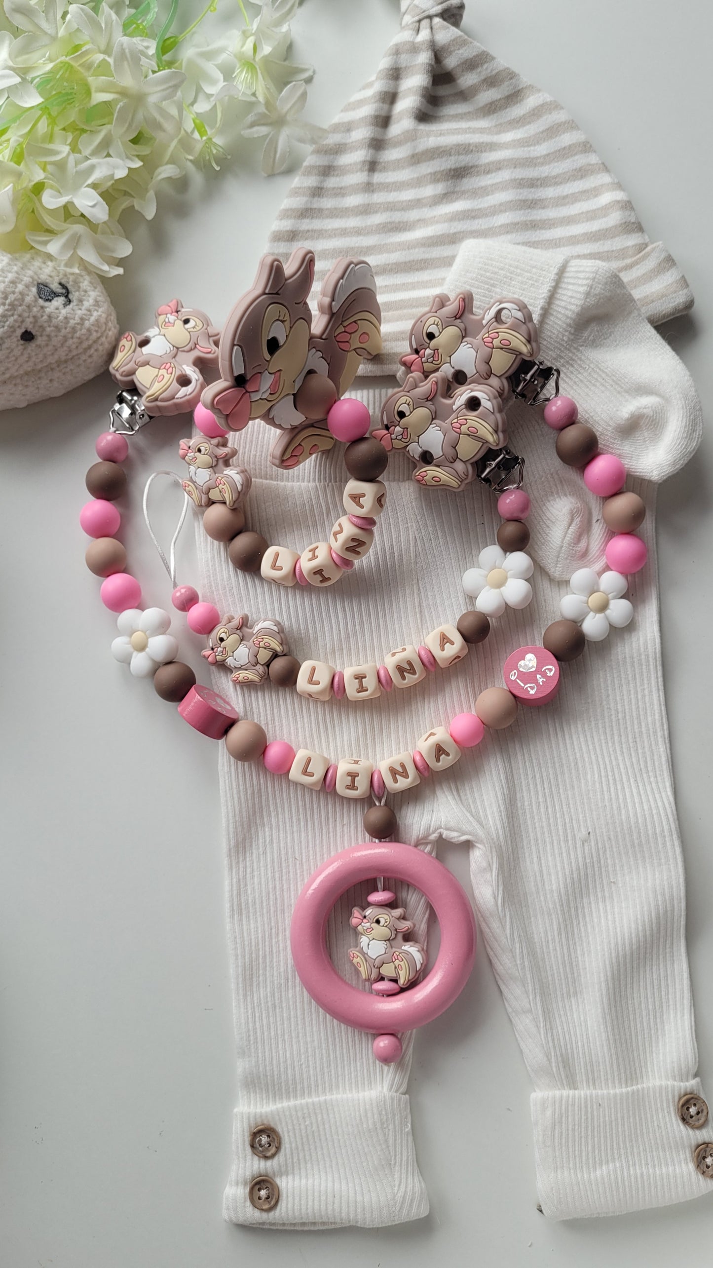 3tlg Set Schnullerkette Kinderwagenkette Greifling Hase pink braun