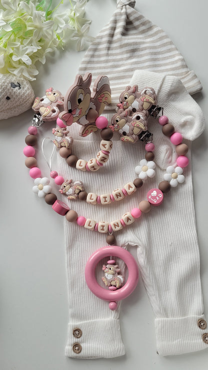 3tlg Set Schnullerkette Kinderwagenkette Greifling Hase pink braun