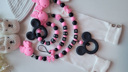 3er Set Kinderwagenkette & Schnullerkette mit Namen + Greifring für Mädchen Maus