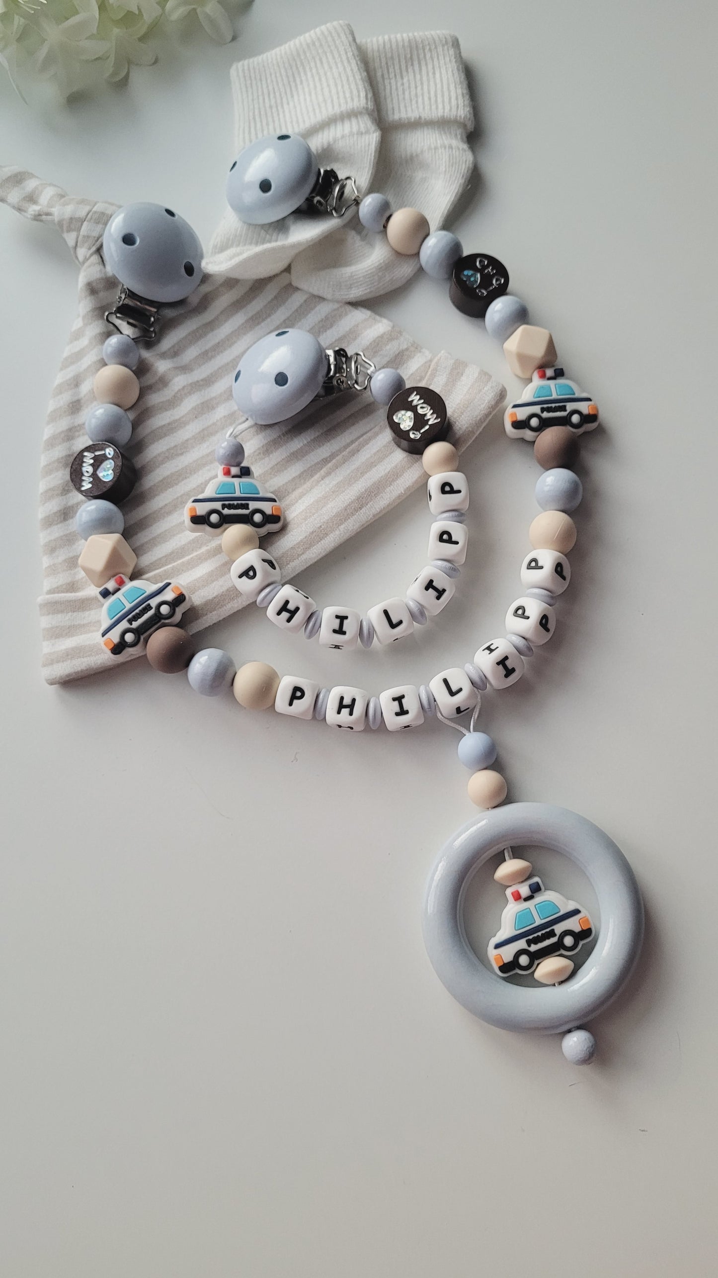 Kinderwagenkette & Schnullerkette mit Namen Polizei beige braun grau blau