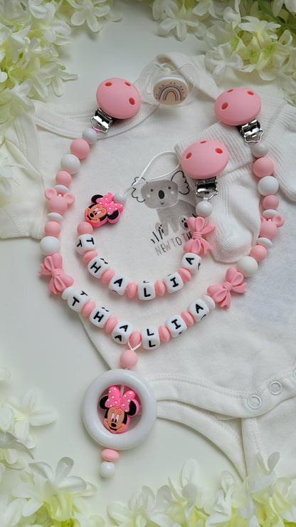 Kinderwagenkette & Schnullerkette mit Namen Minnie Maus babypink