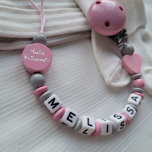 Schnullerkette mit Namen für Mädchen Herz & Kleine Prinzessin rosa grau