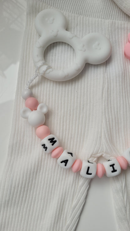 3 in 1 Beissring Schnullerkette mit Namen  Maus rosa weiss