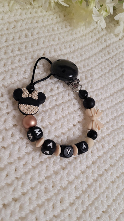Kinderwagenkette & Schnullerkette mit Namen Minnie perlgold beige schwarz
