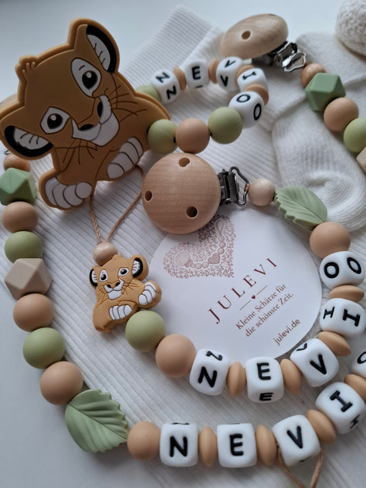 3er Set Schnullerkette Kinderwagenkette & Greifring mit Namen Löwe grün beige mit Löwen-Beißring