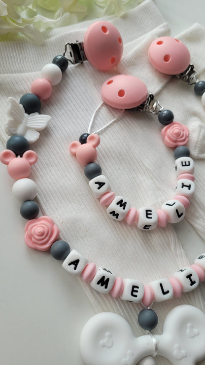 Kinderwagenkette & Schnullerkette Maus apricot grau
