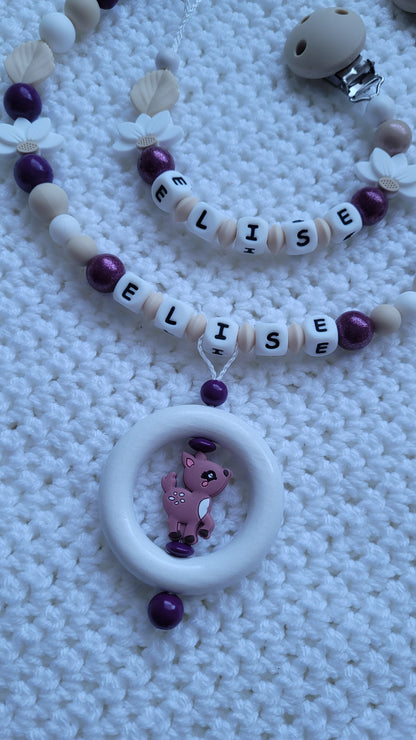Kinderwagenkette & Schnullerkette Set Baby Rehkitz glänzend pflaume weiss