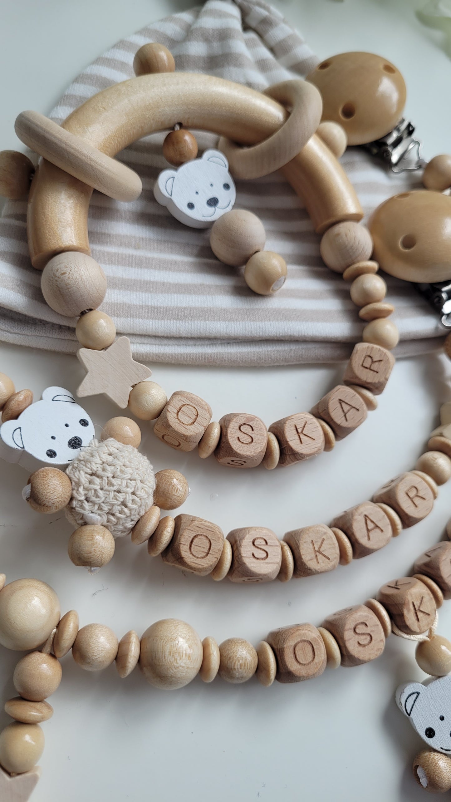 3tlg.Set Schnullerkette Kinderwagenkette & Greifring mit Namen Bärchen holz