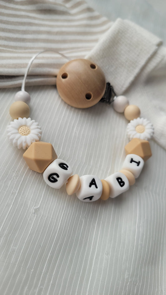Schnullerkette mit Namen für Mädchen Blumen weiss beige