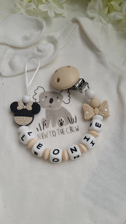 Kinderwagenkette & Schnullerkette mit Namen Minnie beige