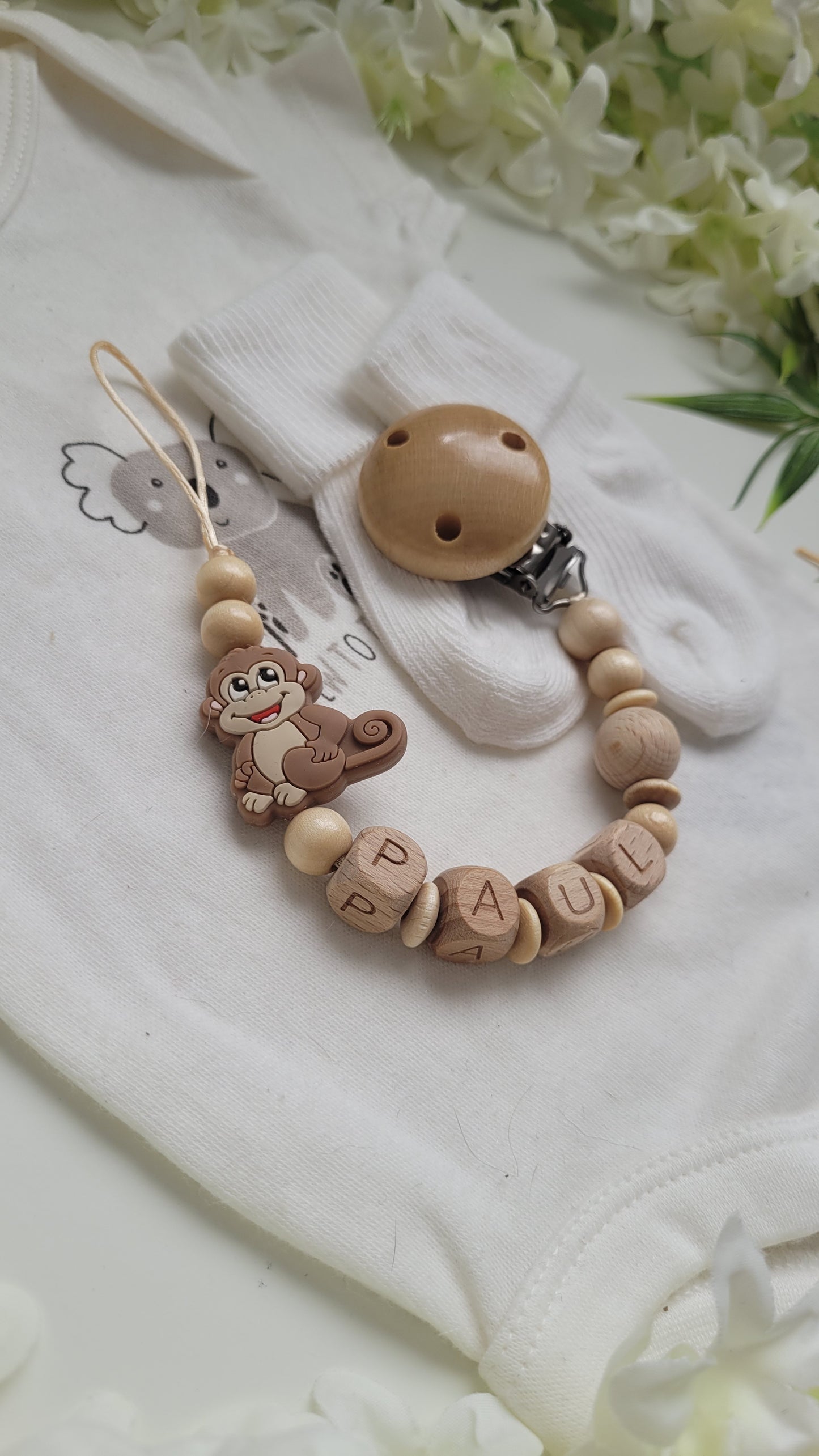 Schnullerkette mit Namen für Jungen holz Affe