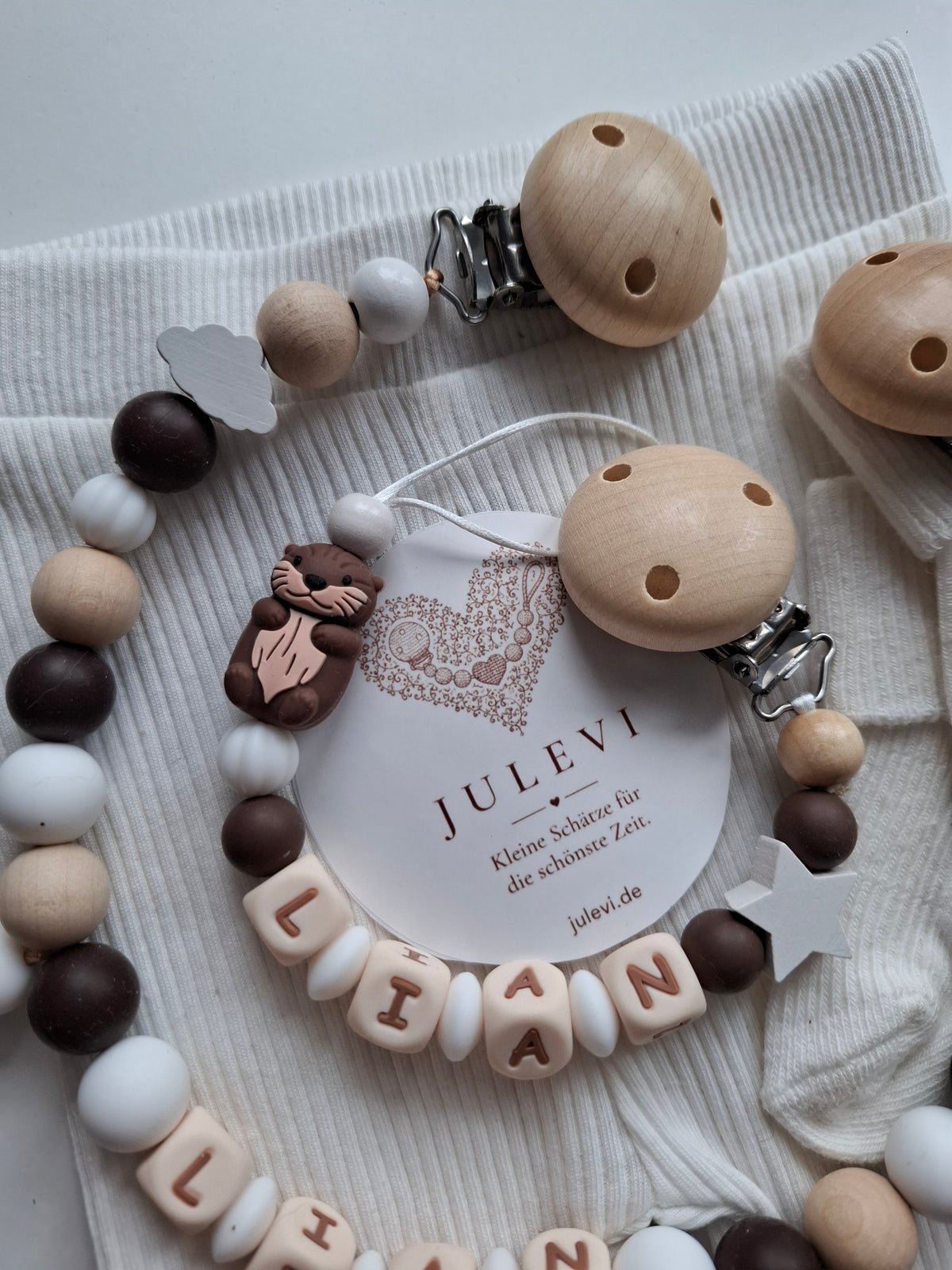 Kinderwagenkette & Schnullerkette Set mit Namen Otter weiß braun Holz | personalisiert