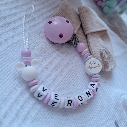 Schnullerkette mit Namen für Mädchen Maus & Kleine Prinzessin rosa weiß