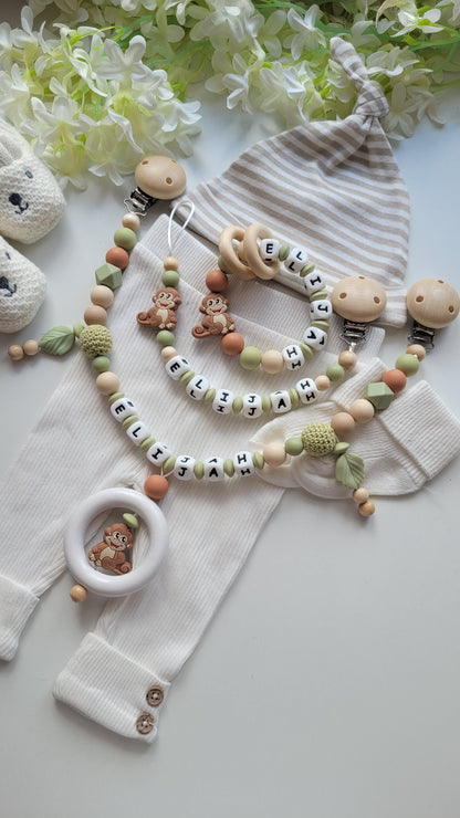 3tlg Set Schnullerkette Kinderwagenkette Greifring mit Namen | Affen | Beige Grün