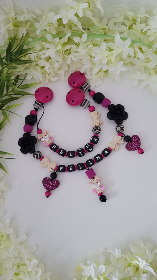 Kinderwagenkette & Schnullerkette *Häschen* pink schwarz