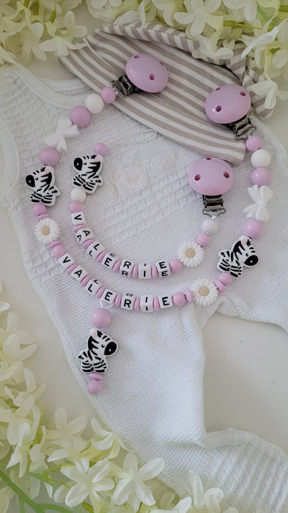 Kinderwagenkette & Schnullerkette * Zebra* Rosa weiss