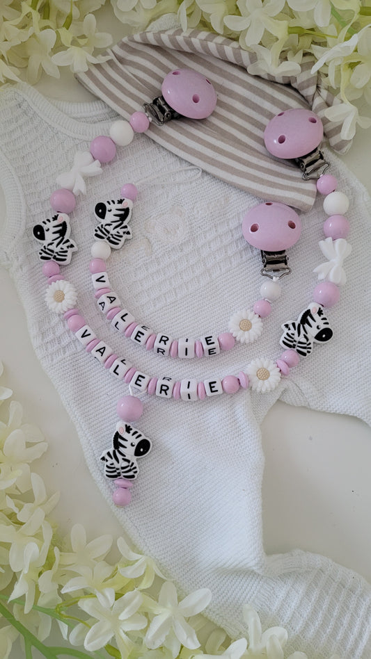 Kinderwagenkette & Schnullerkette * Zebra* Rosa weiss