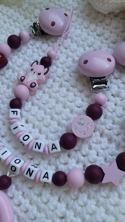 Schnullerkette mit Namen für Mädchen Fuchs weinrot rosa