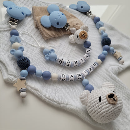 Kinderwagenkette & Schnullerkette mit Namen Teddy und Maus weiss blau
