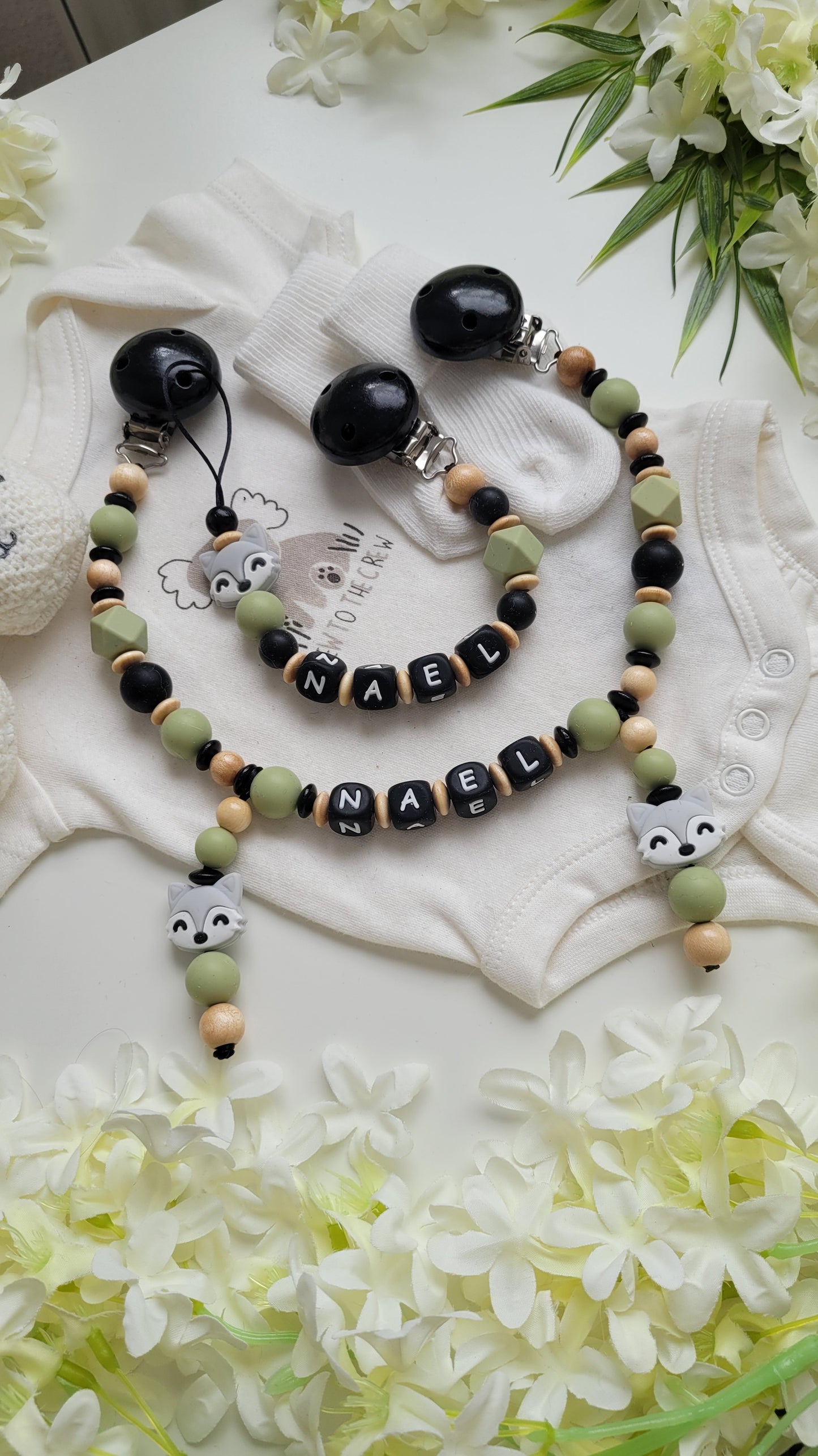 Kinderwagenkette & Schnullerkette Set Grün Fuchs