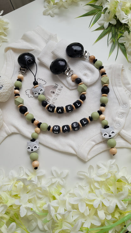 Kinderwagenkette & Schnullerkette Set Grün Fuchs