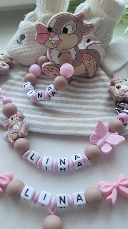 3tlg Set Schnullerkette Kinderwagenkette Beissring Hase Schmetterling rosa taupe