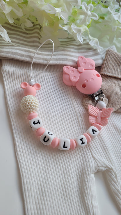 Kinderwagenkette & Schnullerkette mit Namen Schmetterling Maus & Blume rosa