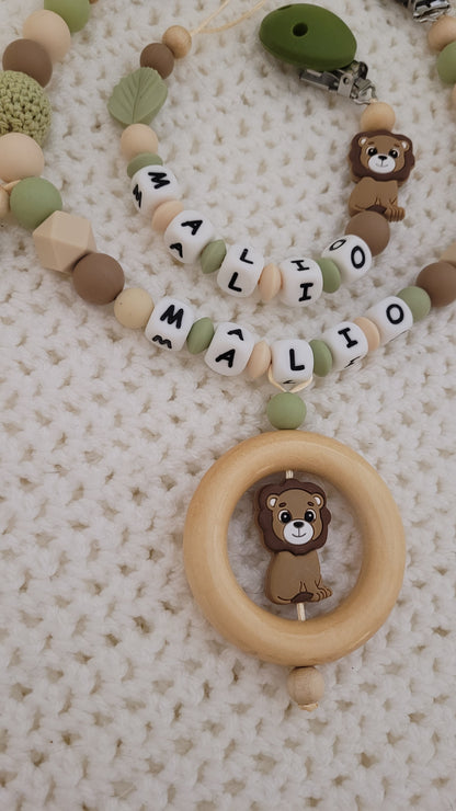 Kinderwagenkette & Schnullerkette Set Baby Löwe beige braun grün