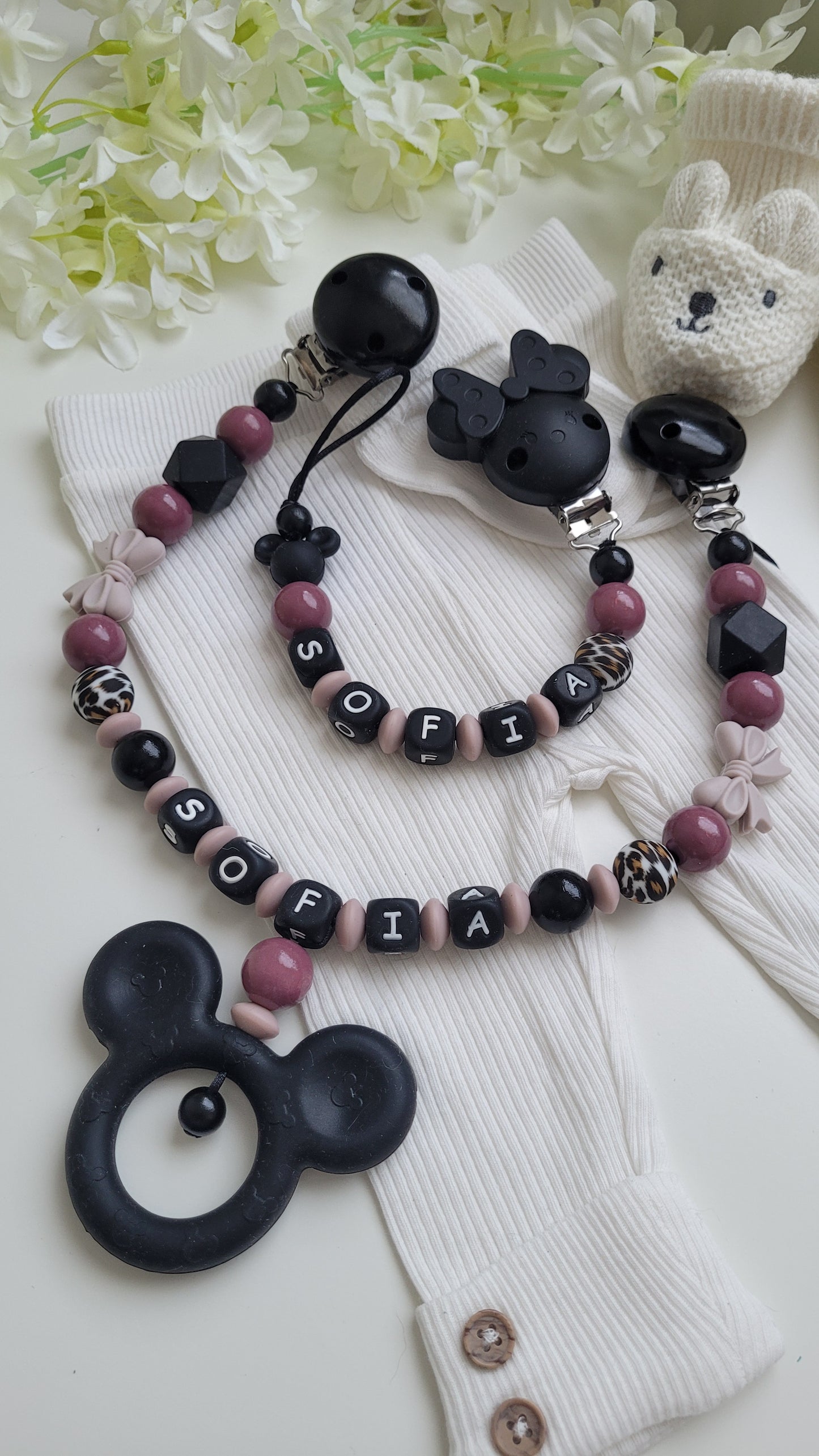 Kinderwagenkette & Schnullerkette mit Namen für Mädchen Minniemaus schwarz graurose