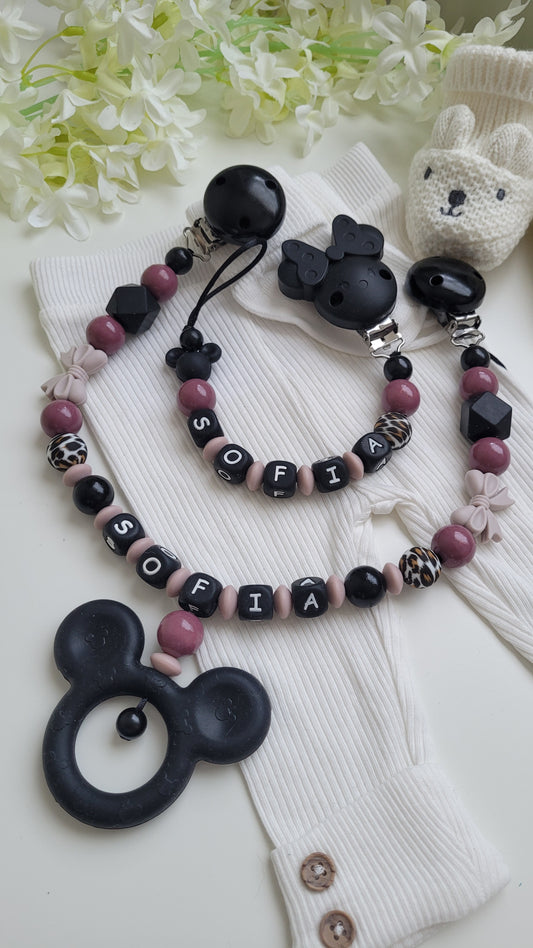Kinderwagenkette & Schnullerkette mit Namen für Mädchen Minniemaus schwarz graurose