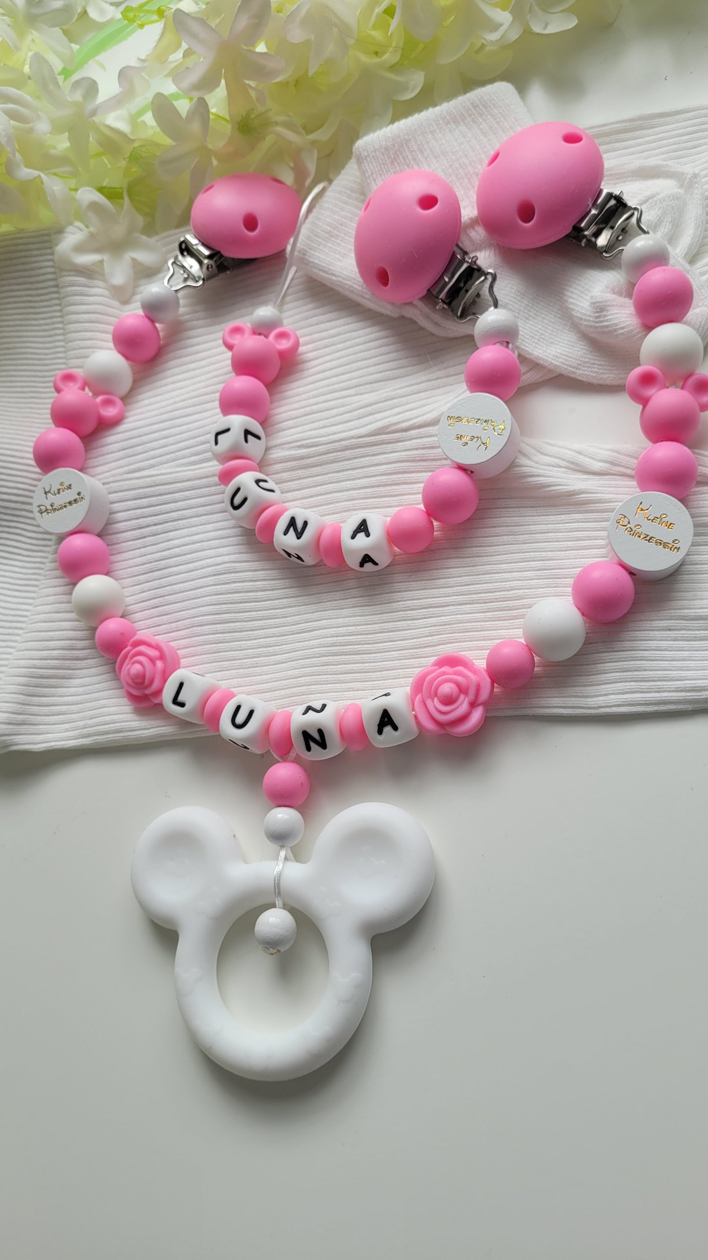 Kinderwagenkette & Schnullerkette mit Namen Minnie Maus kleine Prinzessin