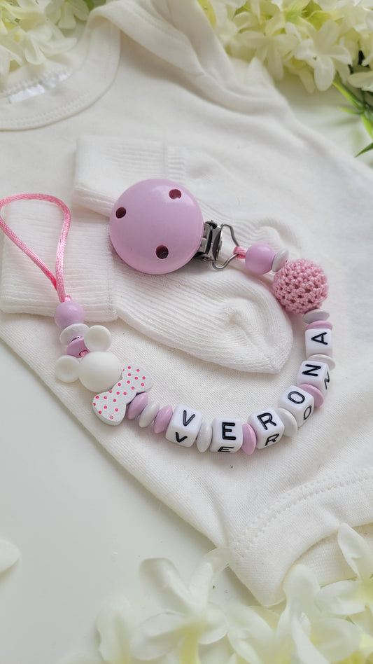 Schnullerkette mit Namen für Mädchen Mäuschen rosa