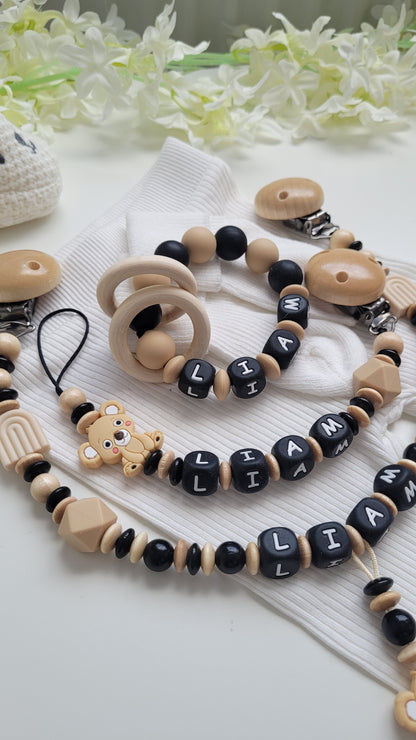 3 tlg Set Schnullerkette Kinderwagenkette Greifring Koalabärchen  Schwarz beige