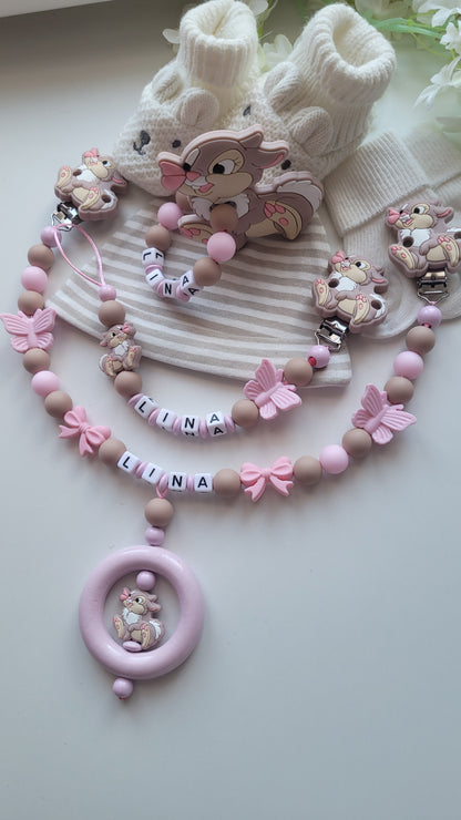 3tlg Set Schnullerkette Kinderwagenkette Beissring Hase Schmetterling rosa taupe