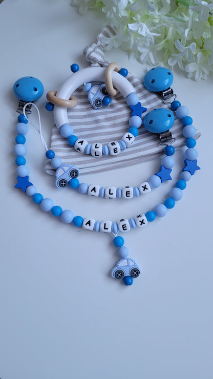 3tlg.Set Schnullerkette Kinderwagenkette & Greifring mit Namen Auto blau