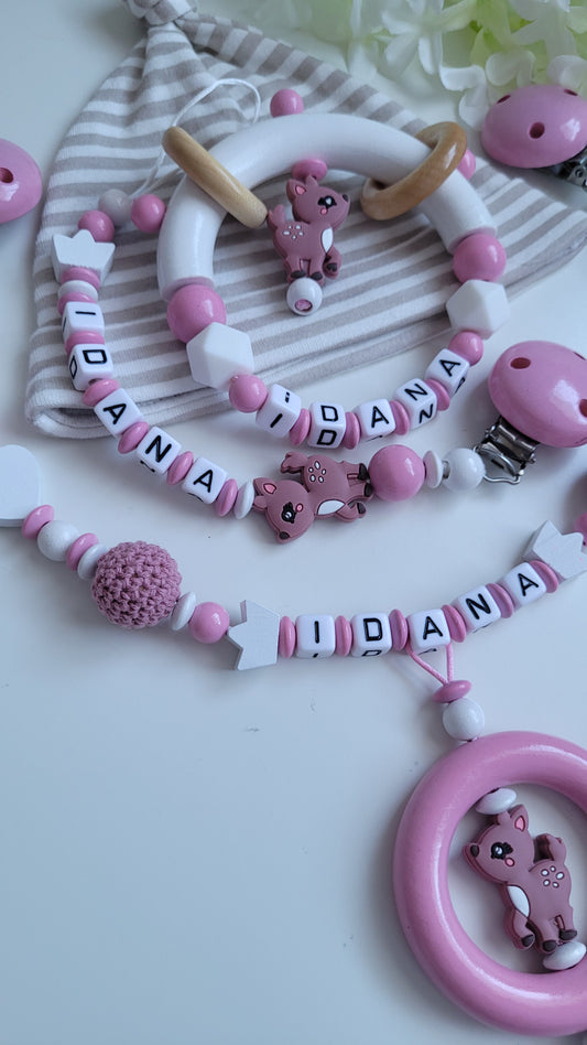 3tlg.Set Schnullerkette Kinderwagenkette & Greifring mit Namen Reh babyrosa weiss