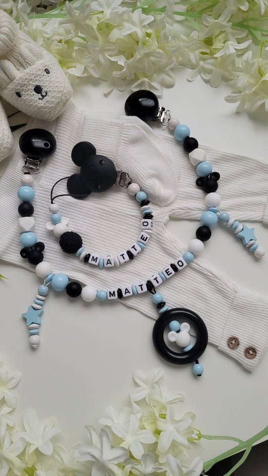 Kinderwagenkette & Schnullerkette * Maus* blau schwarz weiß