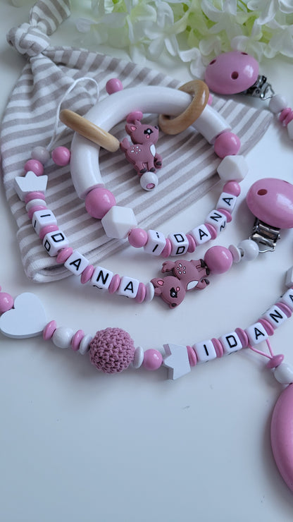 3tlg.Set Schnullerkette Kinderwagenkette & Greifring mit Namen Reh babyrosa weiss