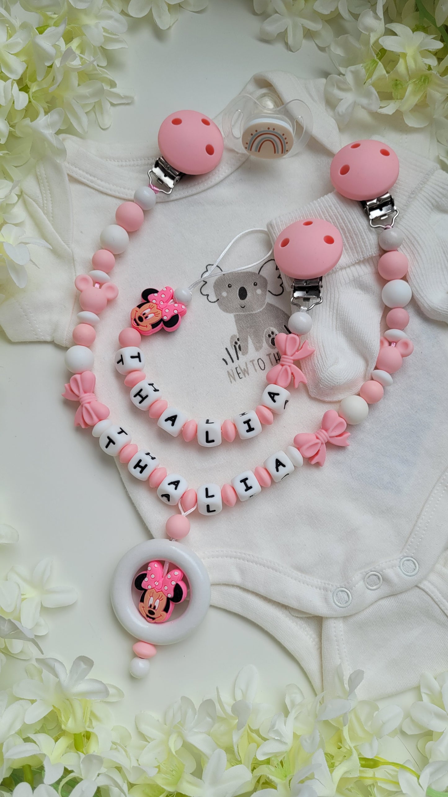 Kinderwagenkette & Schnullerkette mit Namen Minnie Maus babypink